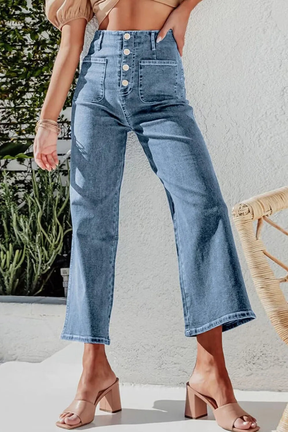 Button Fly Cropped Wide Leg Jeans.