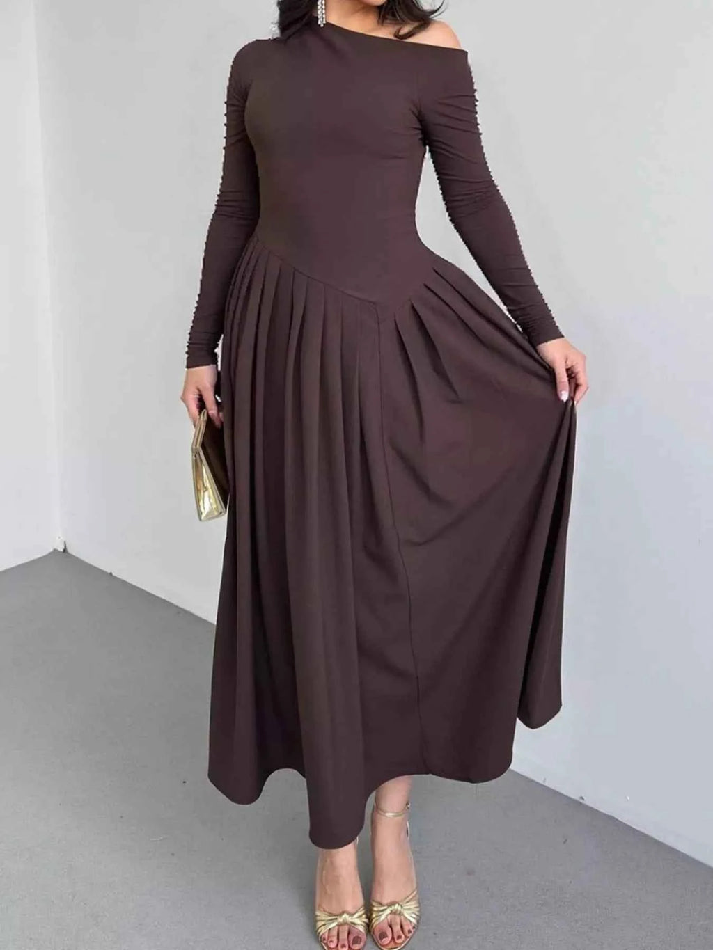 Ruched One Shoulder Long Sleeve Dress