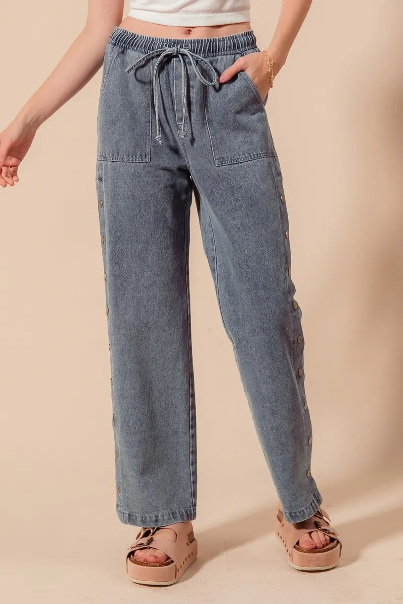 Mid Rise Drawstring Jeans with Side Snap Button.