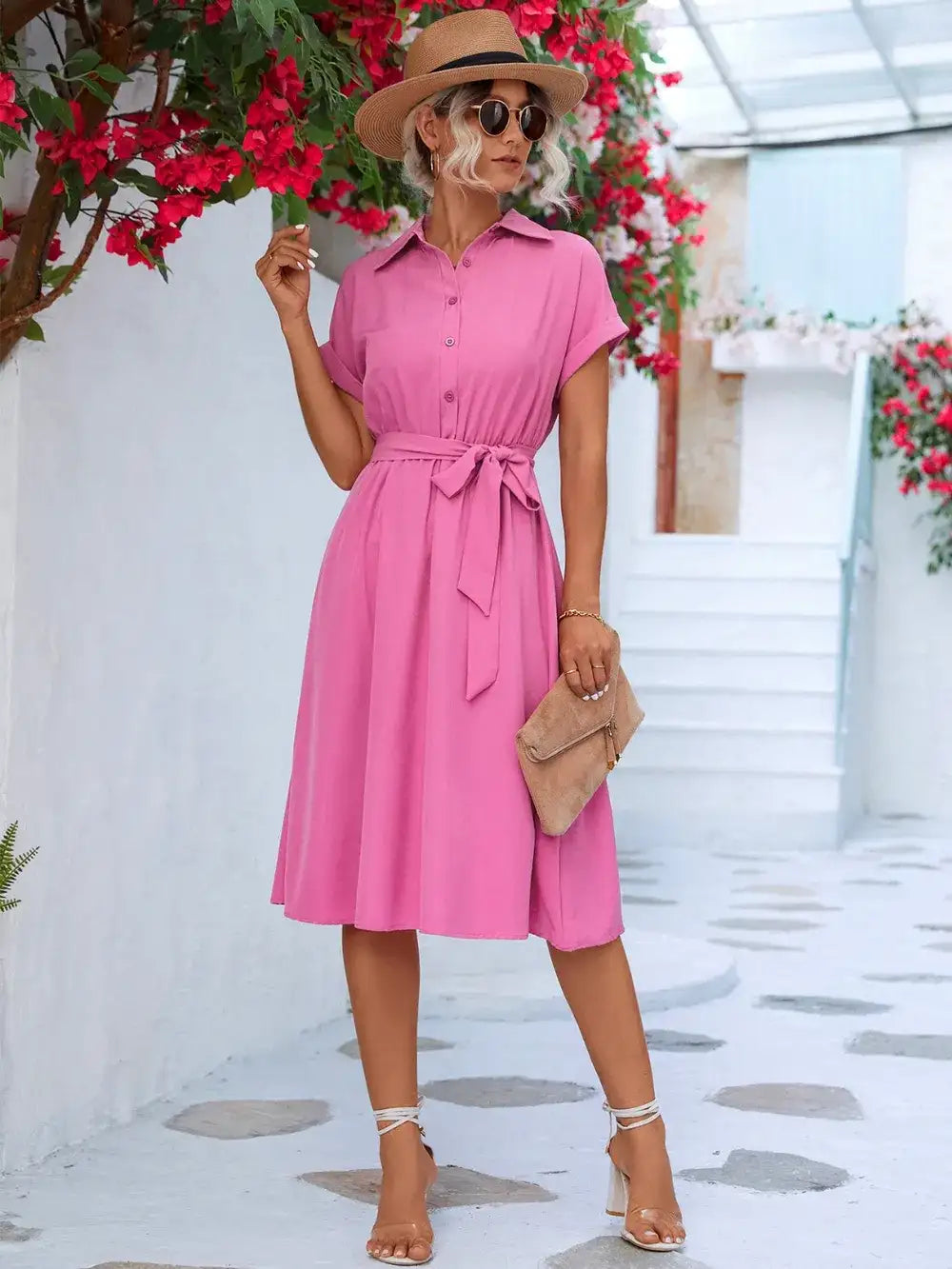 Buttoned Tie Waist Short Sleeve Dress.
