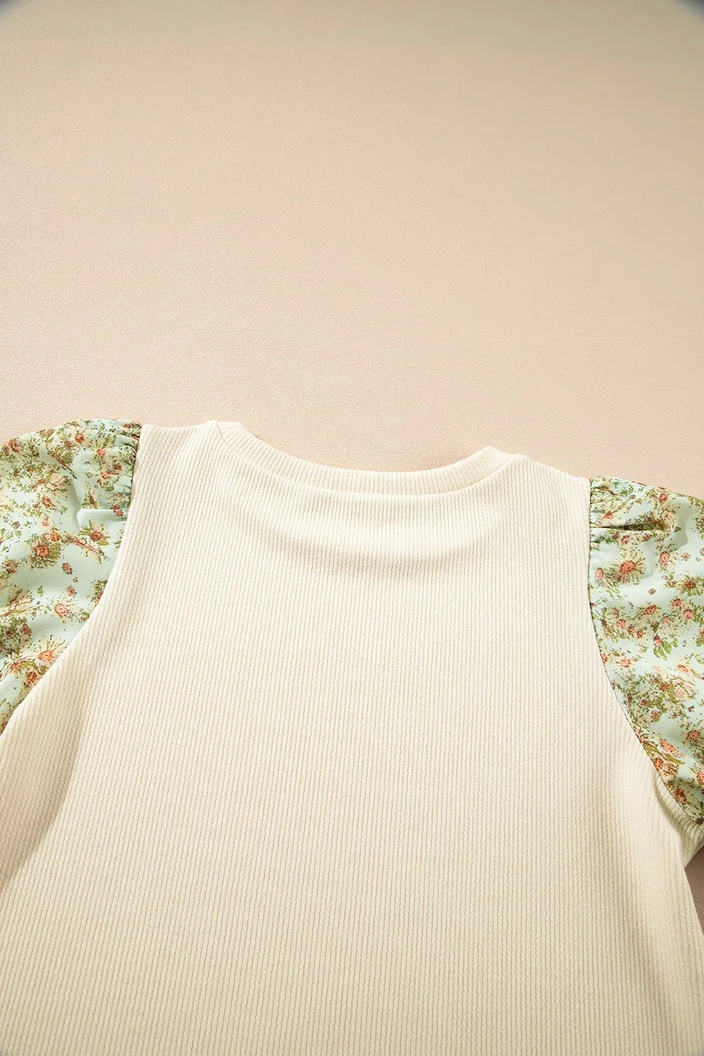 Floral Puff Sleeve Ribbed Blouse.