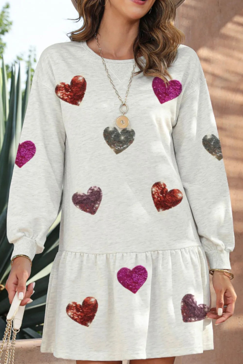 Sequin Heart Round Neck Long Sleeve Mini Dress.