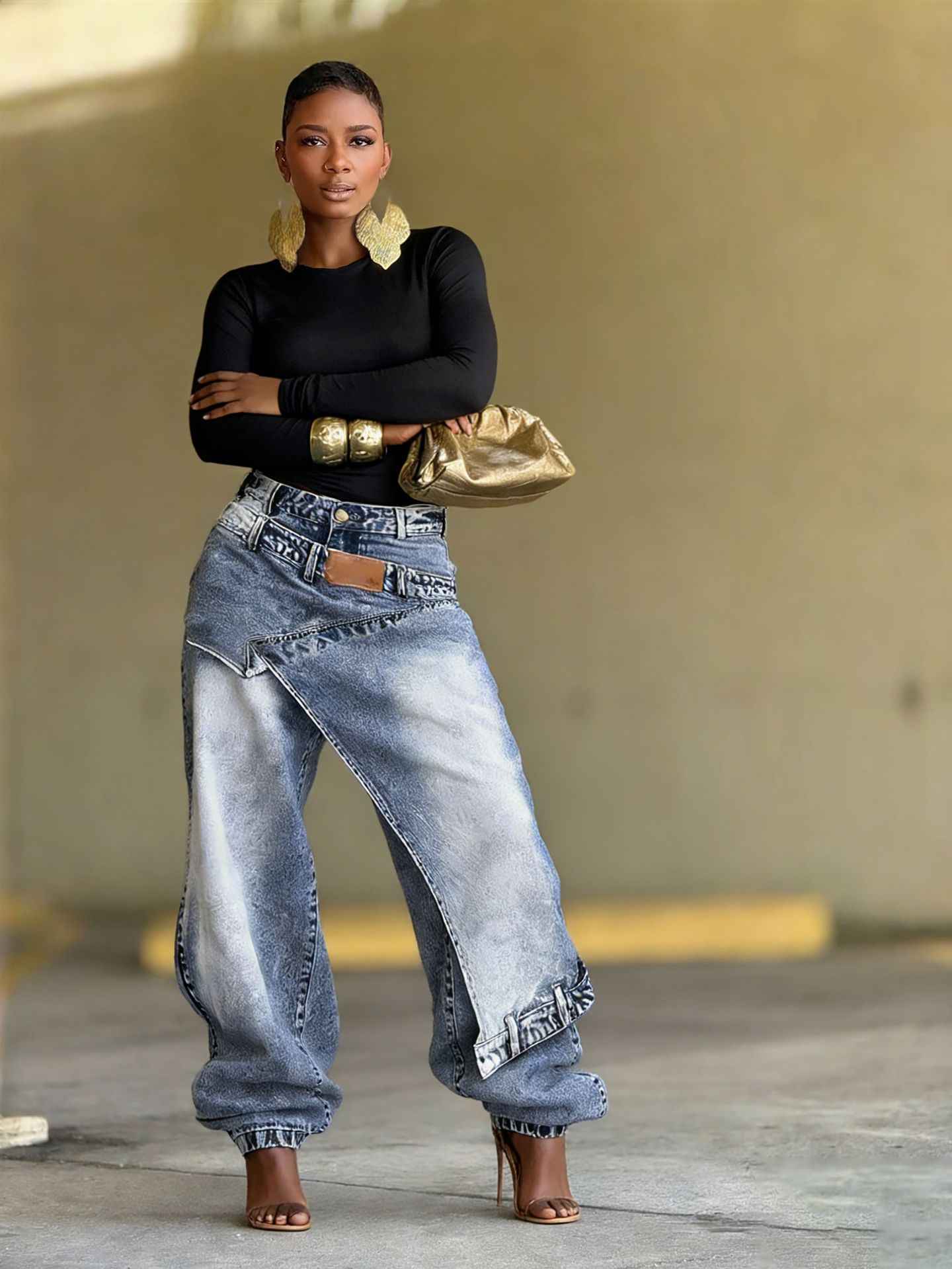 Deconstructed Layered Washed Denim Jeans