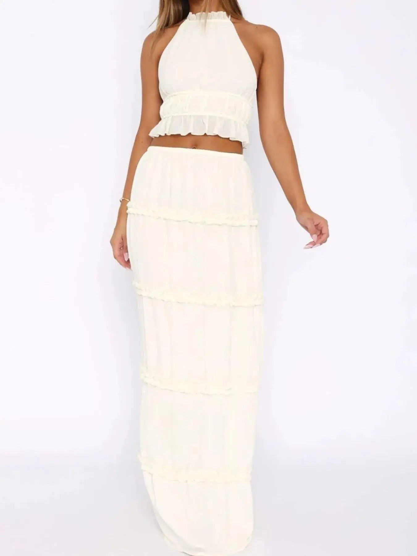 Halter Crop Backless Top and Maxi Skirt Set.