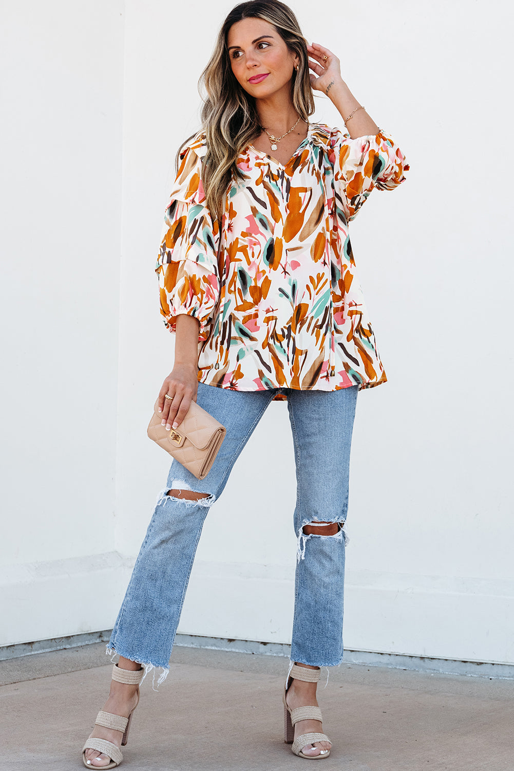 Yellow Abstract Print Drawstring Frilled V Neck 3/4 Sleeve Blouse Dear-Lover Dropshipping