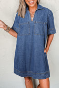 Blue Short Sleeve Collared Patched Pocket Denim Mini Dress Dear-Lover Dropshipping