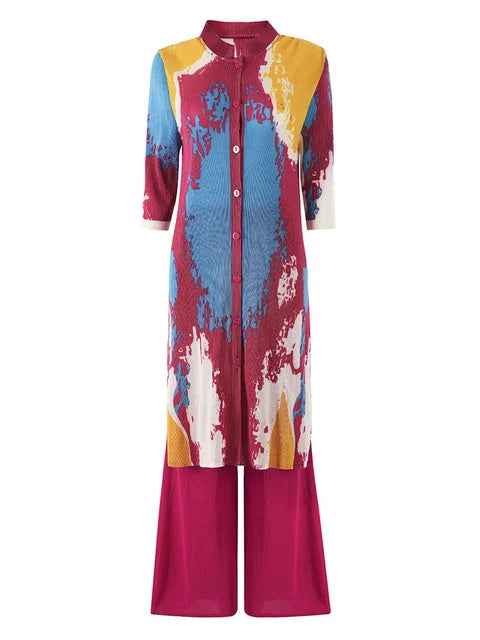 Folded print long jacket pants two-piece set stand collar button top wide leg pants two-piece set