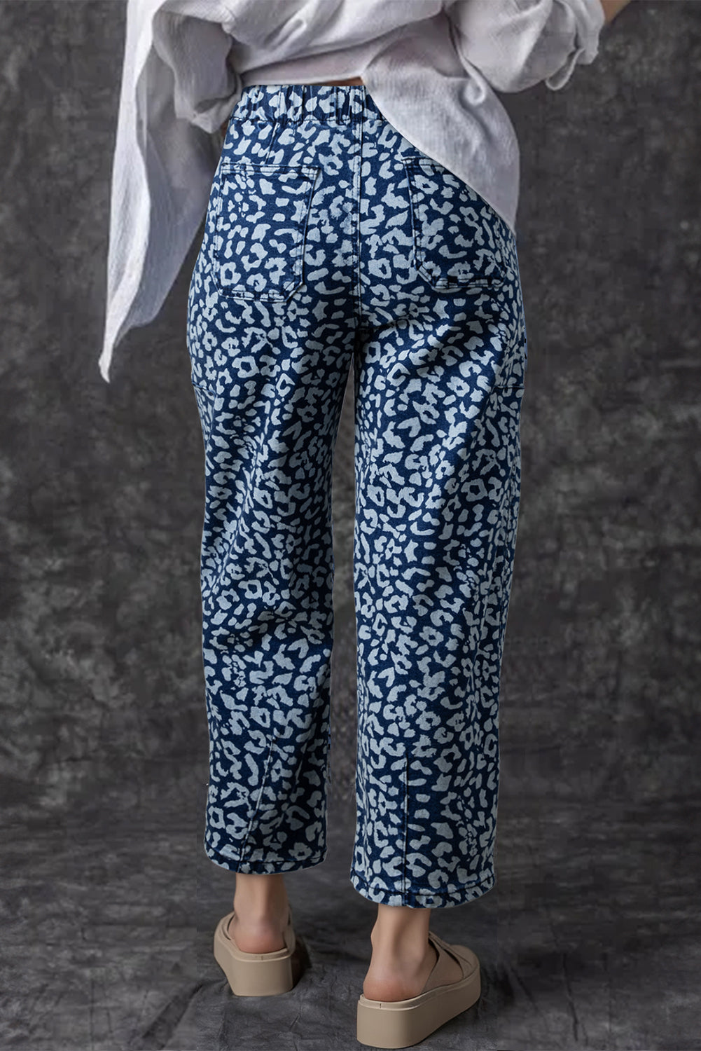 Blue Leopard Printed Drawstring Elastic Waistband Pocketed Wide Leg Jeans Dear-Lover Dropshipping