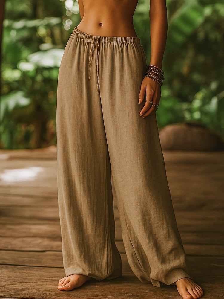 Women's Cotton And Linen Loose Pure Color Elastic Waist Pocket Straight Casual Pants