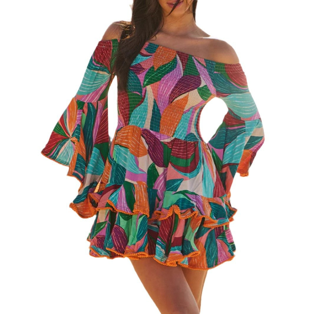 Chiffon Abstract Print One-Shoulder Flared Sleeve Ruffle Mini Dress Full Print Long Sleeve Dress