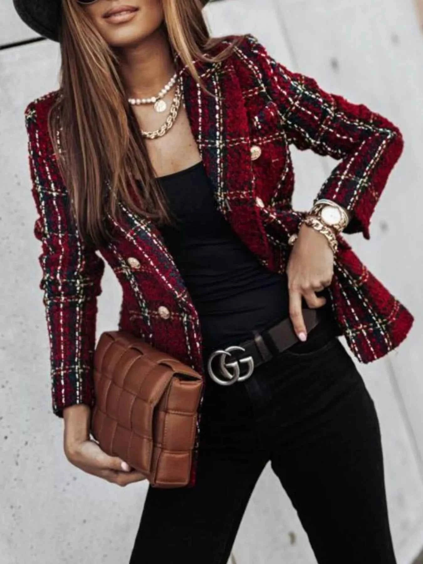 Full Size Plaid Tweed Double-Breasted Blazer Plus Size