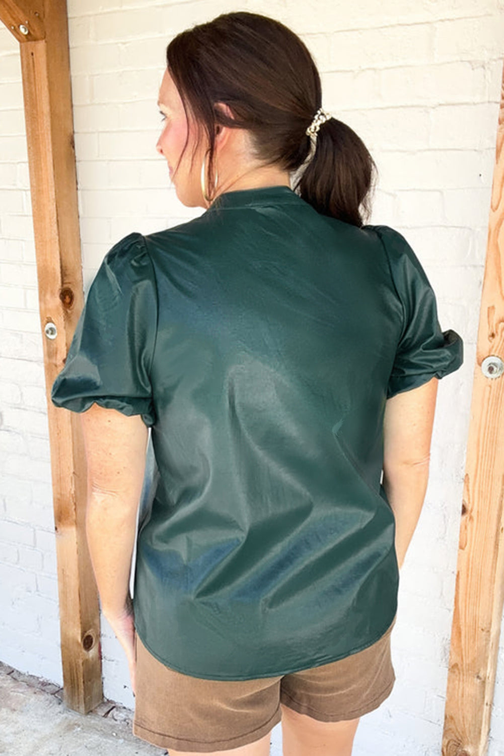 Sea Green Notched V Neck Short Puff Sleeve PU Leather Blouse Dear-Lover Dropshipping