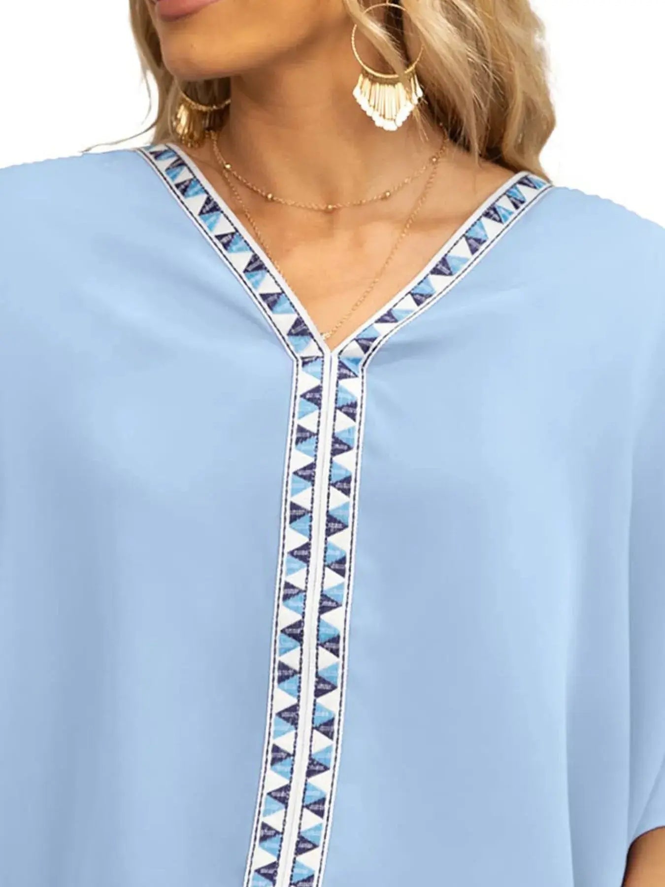 Oversized Contrast V-Neck Half Sleeve Blouse.