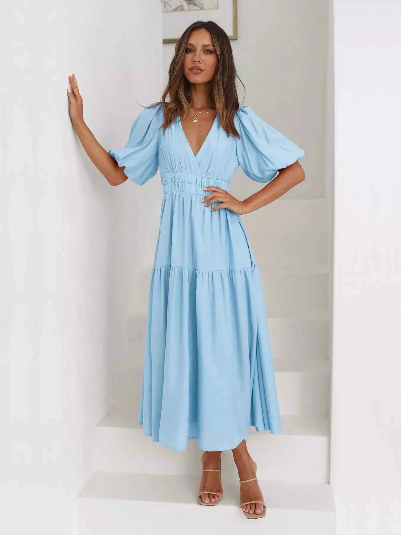 Tiered Puff Sleeve Midi Dress