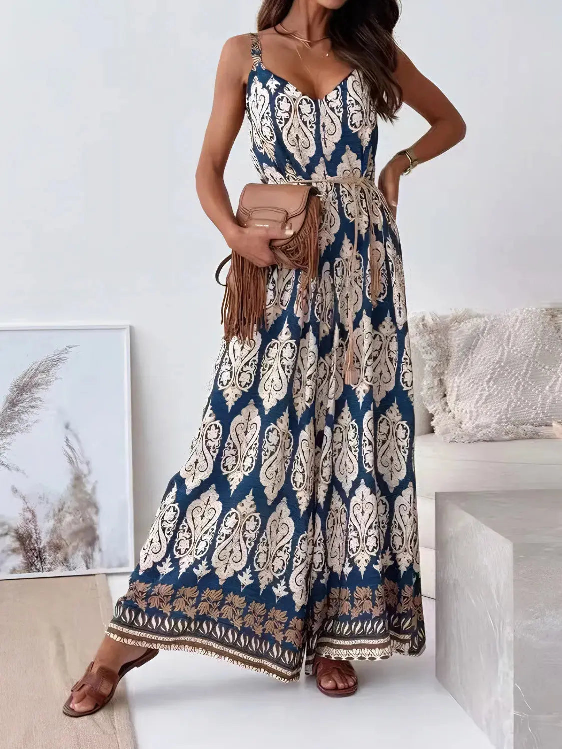 Printed V-Neck Wide Leg Jumpsuit.