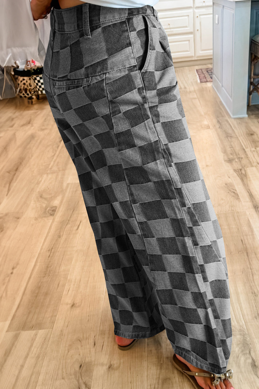 Dark Grey Checkered Denim Wide Leg Jeans Dear-Lover Dropshipping