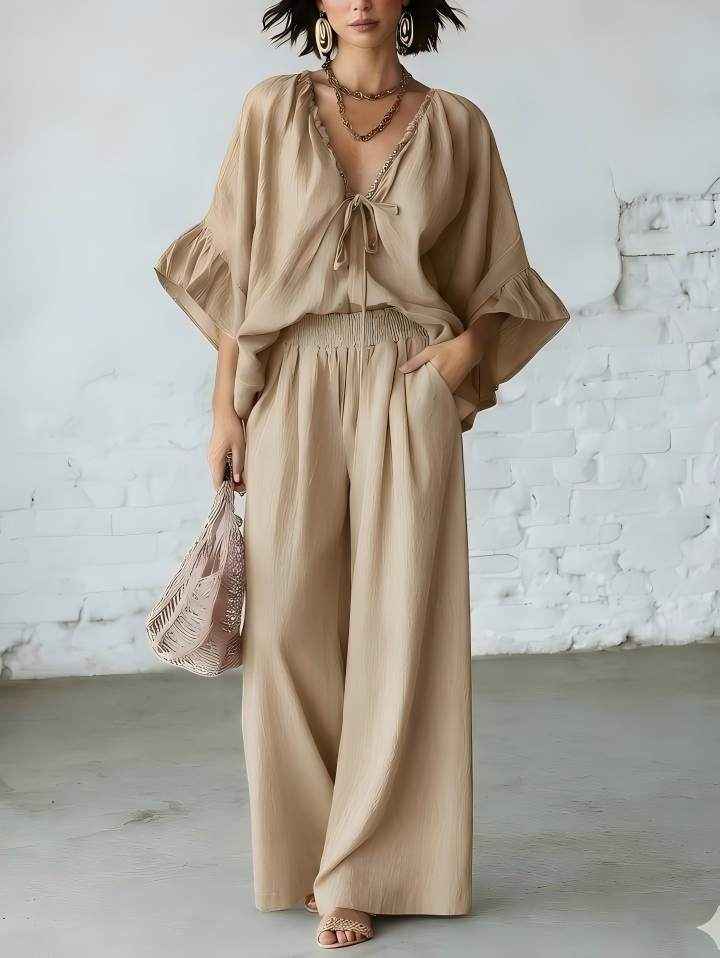 Loose-fit Cotton-linen V-neck Wide-leg Pants Two-piece Set