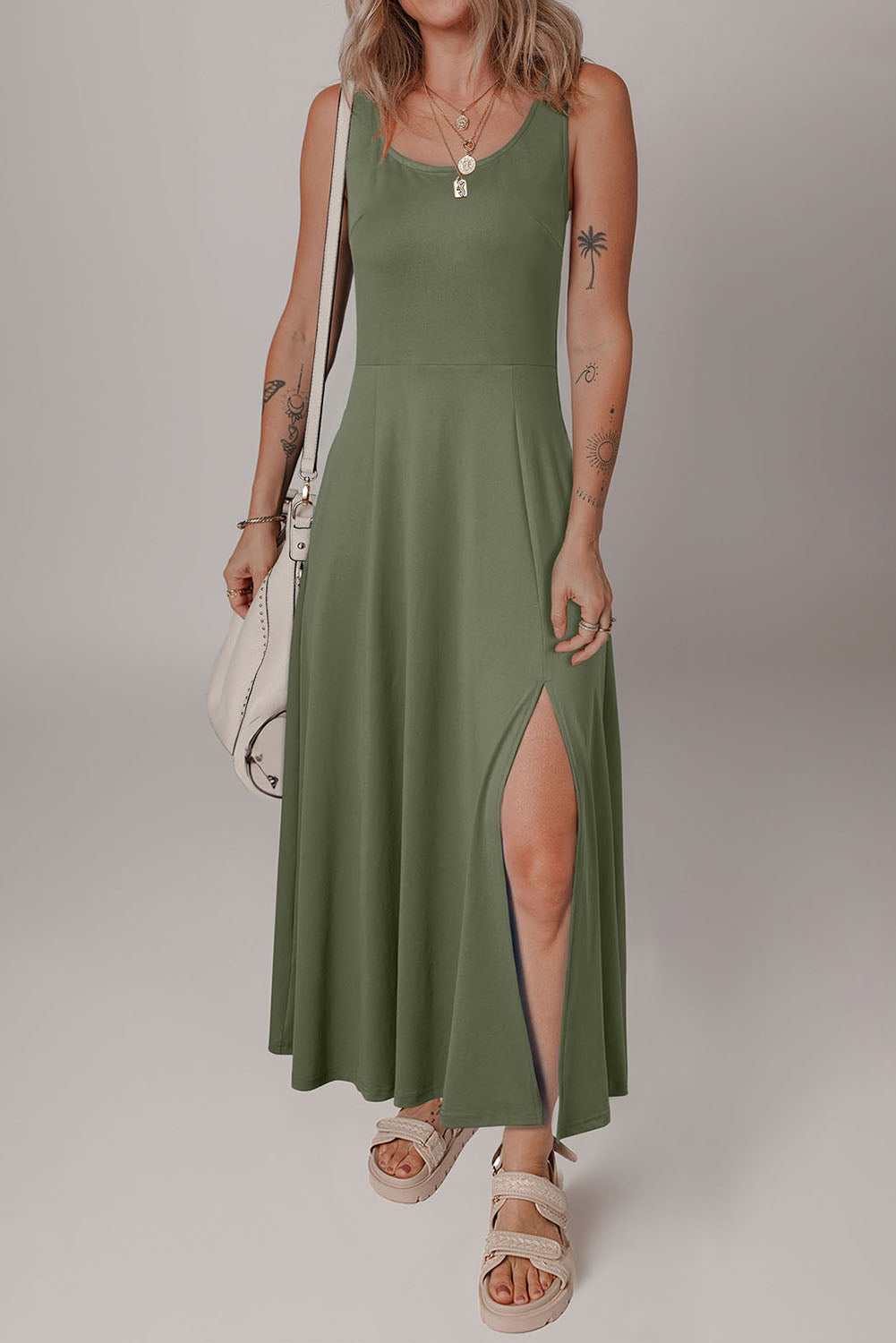 Four Leaf Clover Sleeveless Scoop Neck Flared Split Midi Dress Dear-Lover Dropshipping