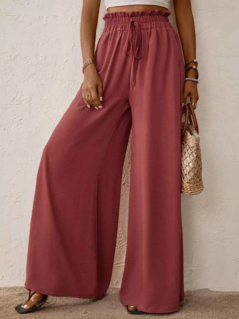 Perfee Frill Tied Wide Leg Pants.