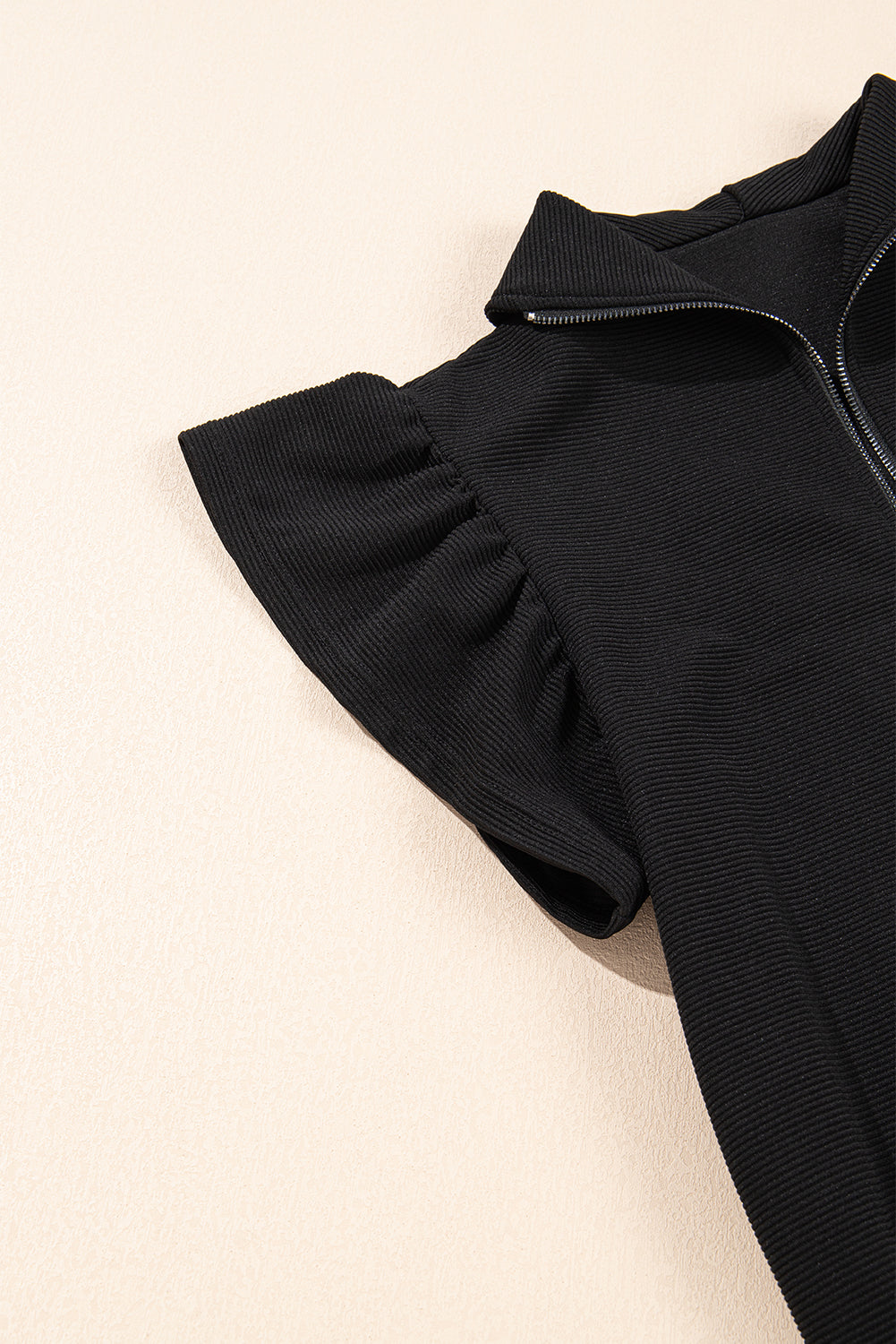 Black Textured Ruffled Sleeve Zipped Top and Wide Leg Pants Set Dear-Lover Dropshipping