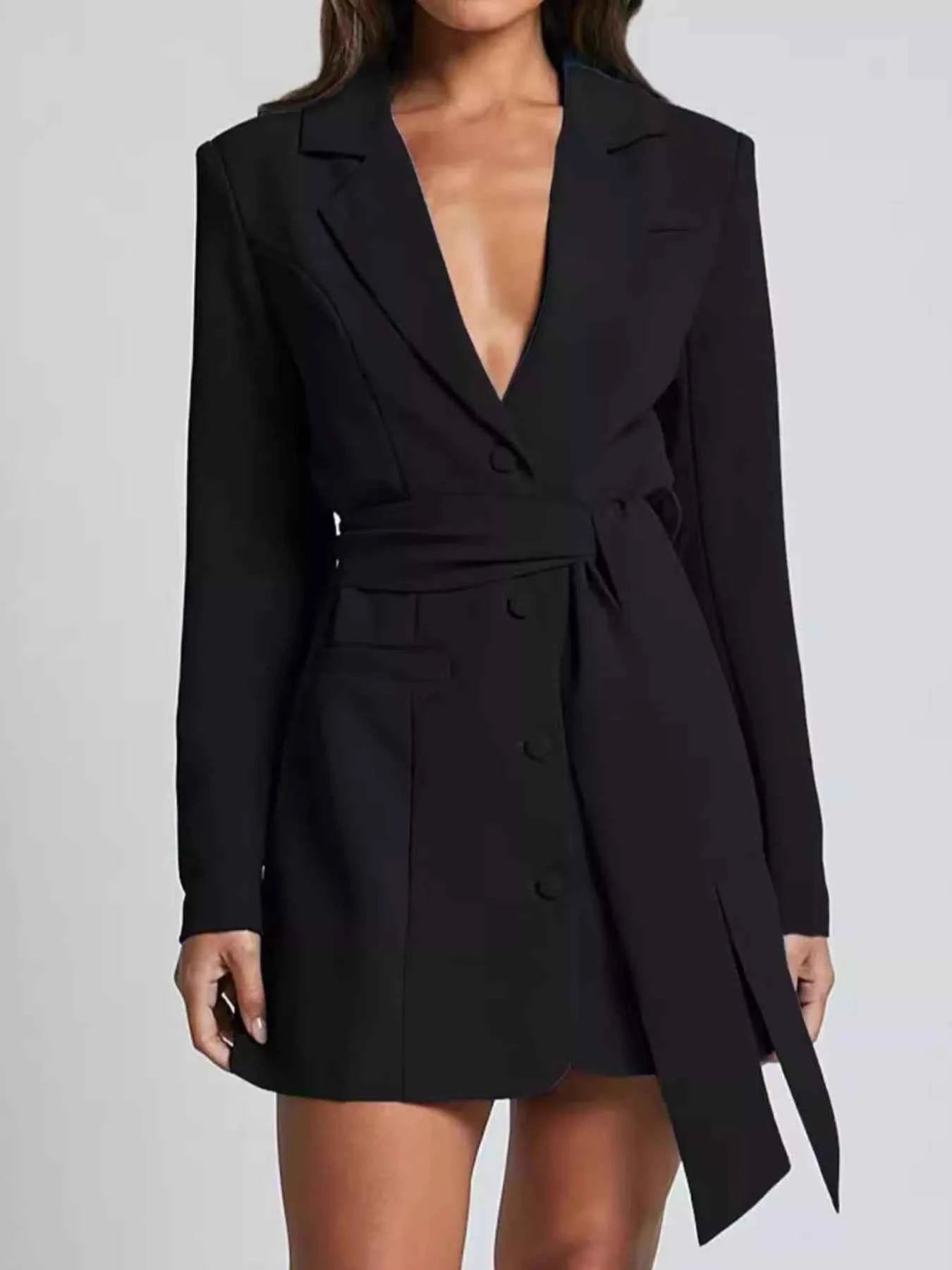 Lapel Collar Tie Waist Blazer