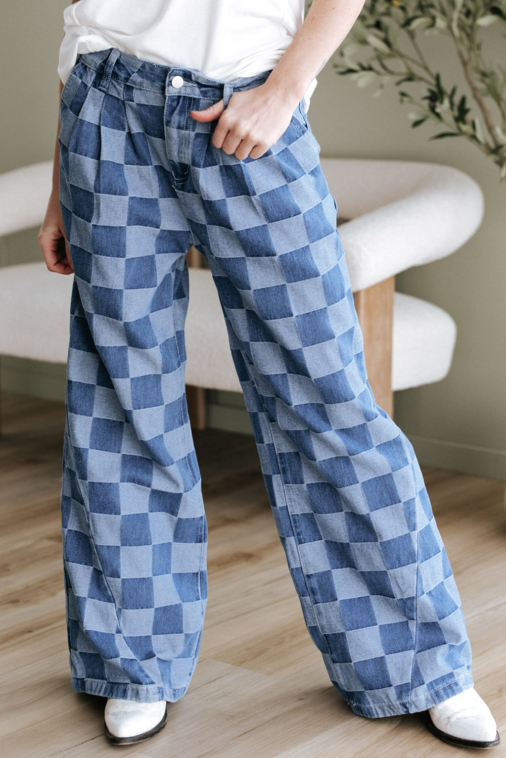 Dusk Blue Checkered Denim Wide Leg Jeans Dear-Lover Dropshipping