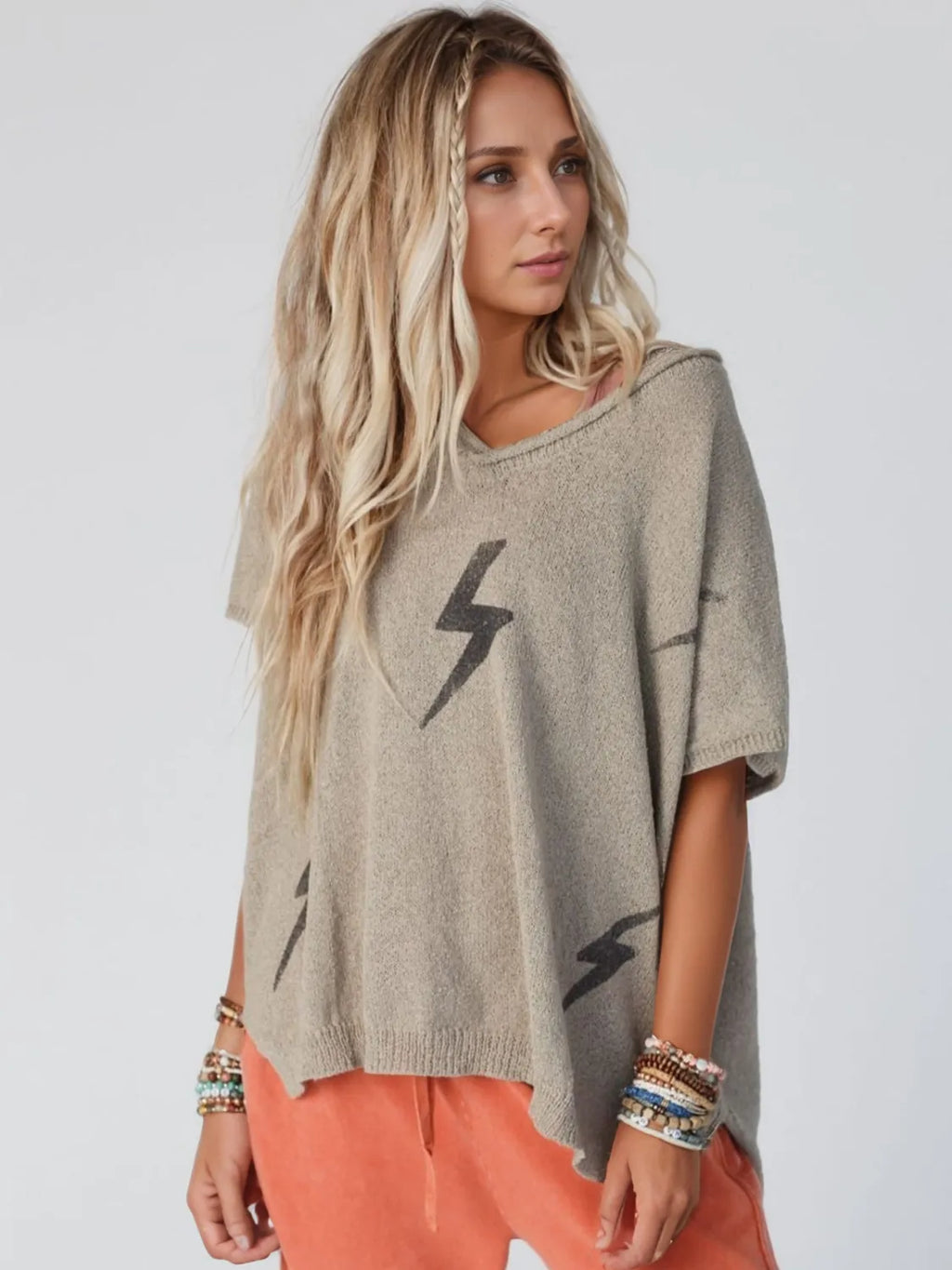 Lightning V-Neck Short Sleeve Knit Top.