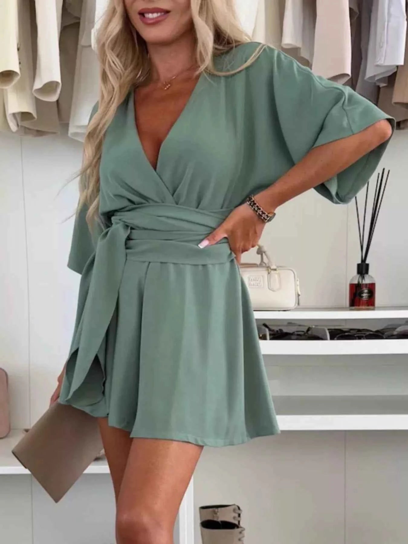 Full Size Surplice Tie Waist Romper Plus Size.