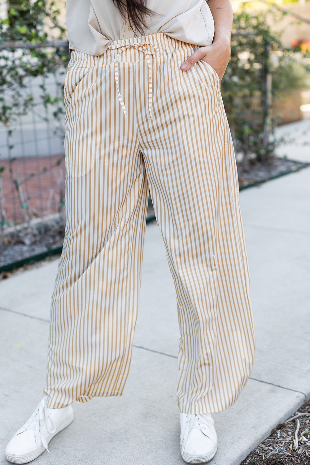Khaki Stripe Print Wide Leg Drawstring Elastic Waistband Pants Dear-Lover Dropshipping