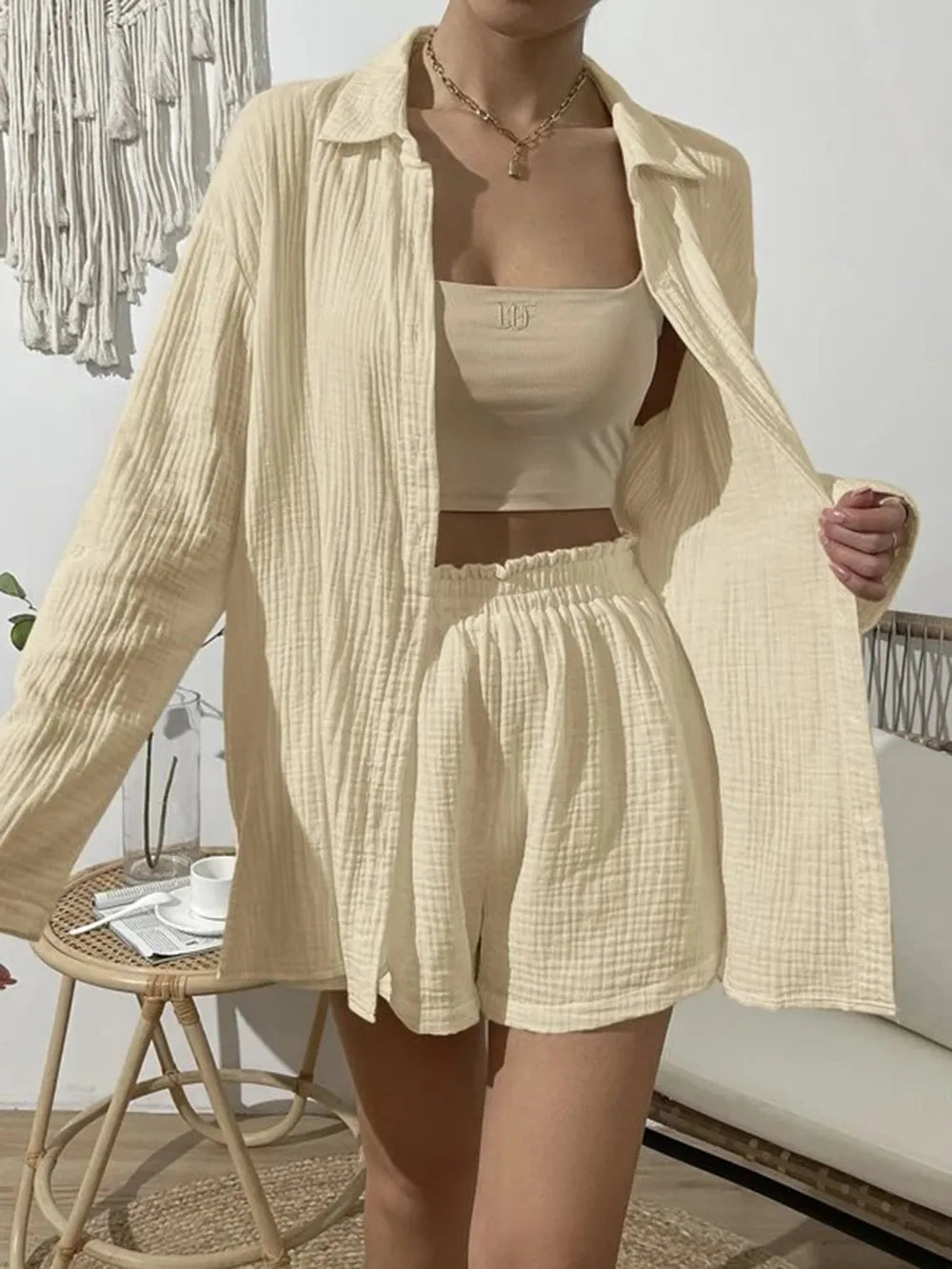 Dropped Shoulder Button Up Top and Elastic Waist Shorts Set - CHIC TB