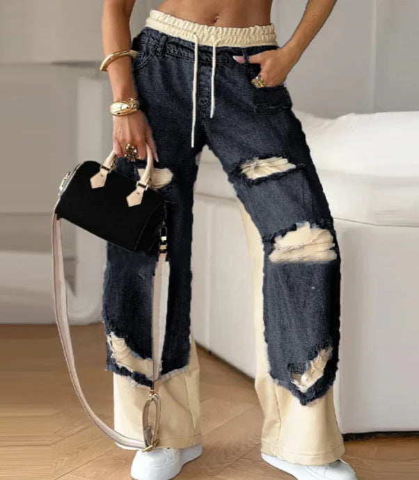 Street Style High-Waisted Tied Spliced Ripped Denim Pants for Women
