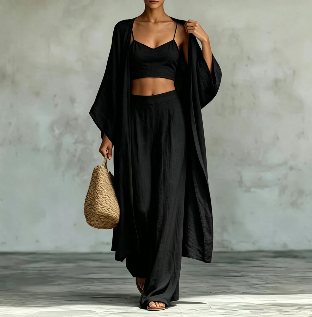 Loose cardigan short strap high waist wide leg pants set eprolo