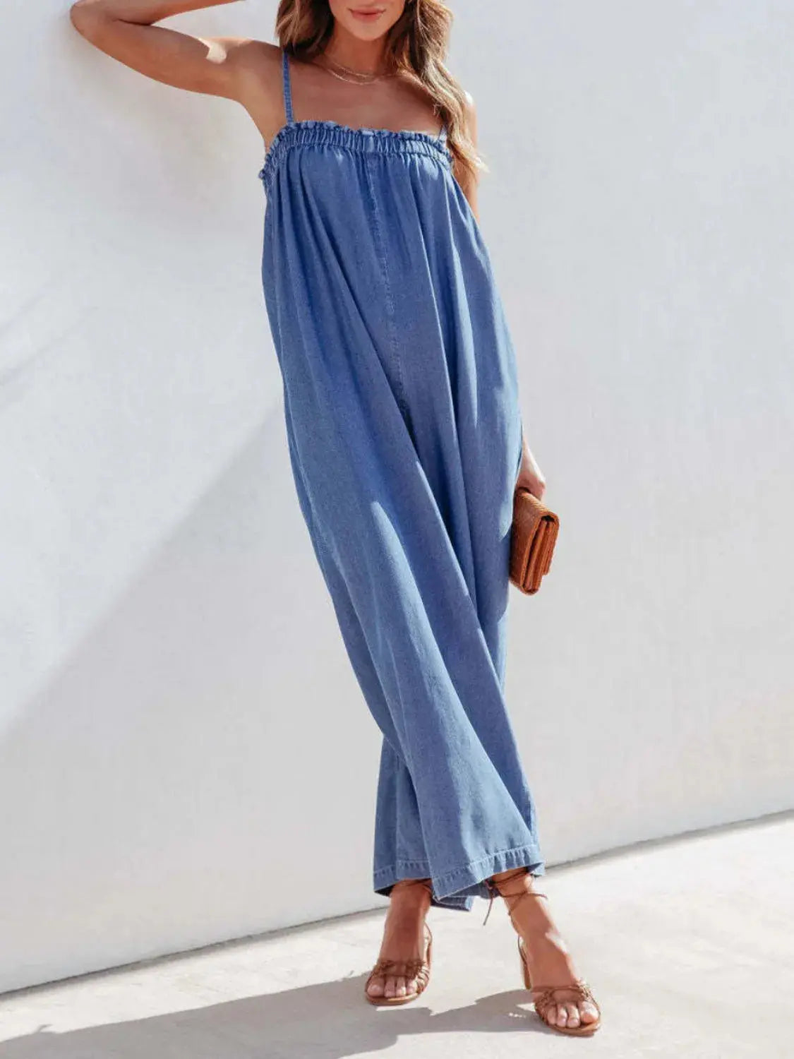 Spaghetti Strap Wide Leg Denim Jumpsuit.