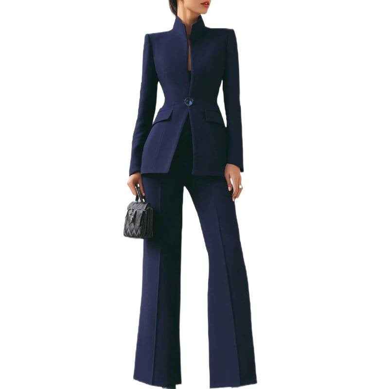 Solid color pocket one button small suit+long suit pants two-piece set