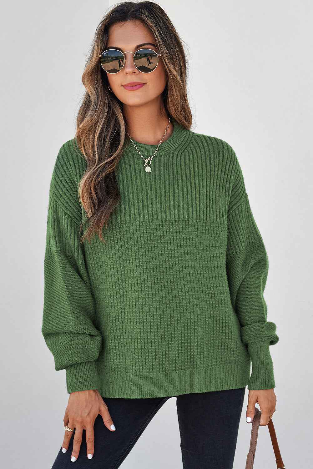 Vineyard Green Solid Color Mixed Textured Knitted Crew Neck Sweater