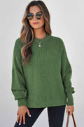 Vineyard Green Solid Color Mixed Textured Knitted Crew Neck Sweater