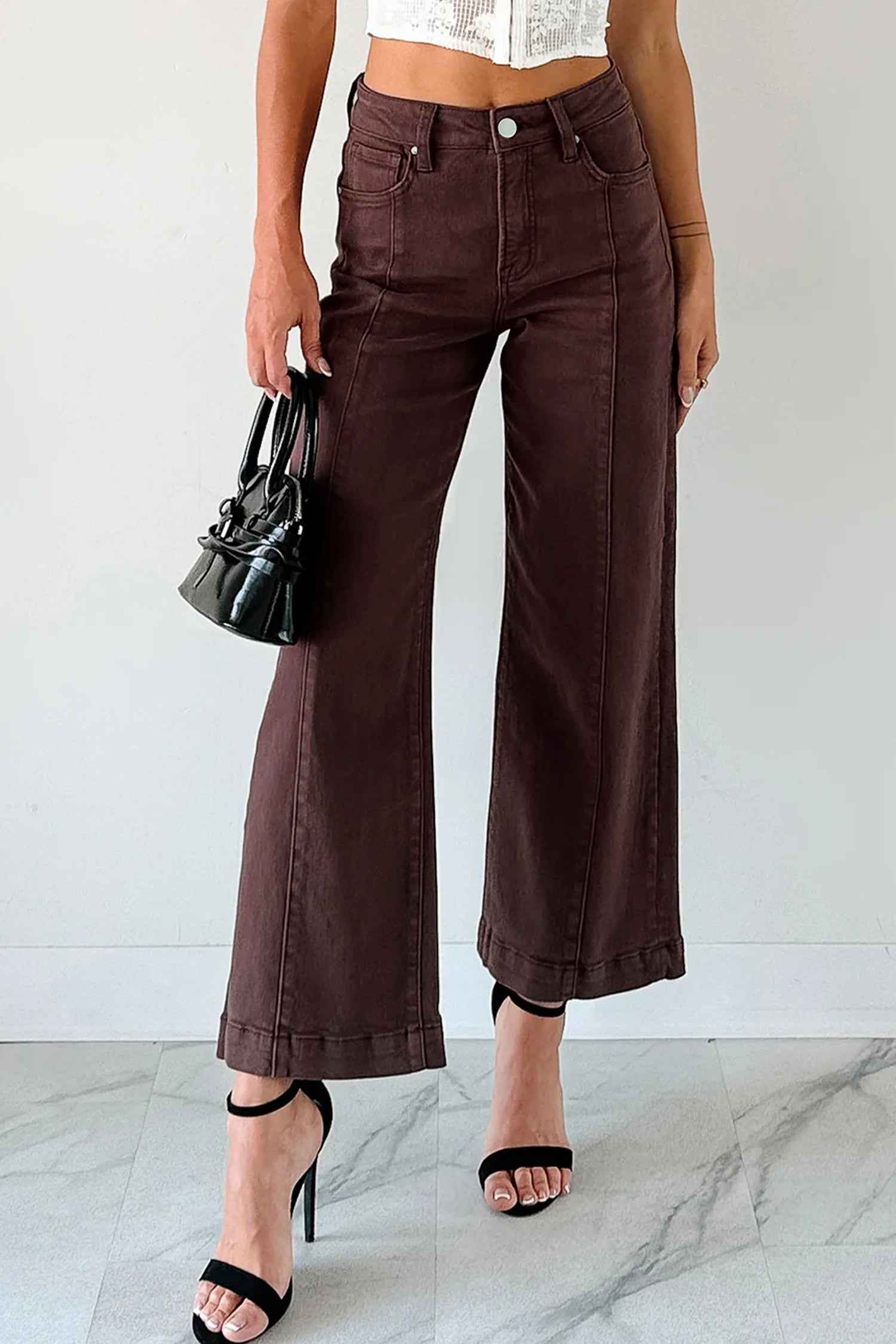 Red Sandalwood Solid Color Seamed Center Wide Leg Cropped Jeans