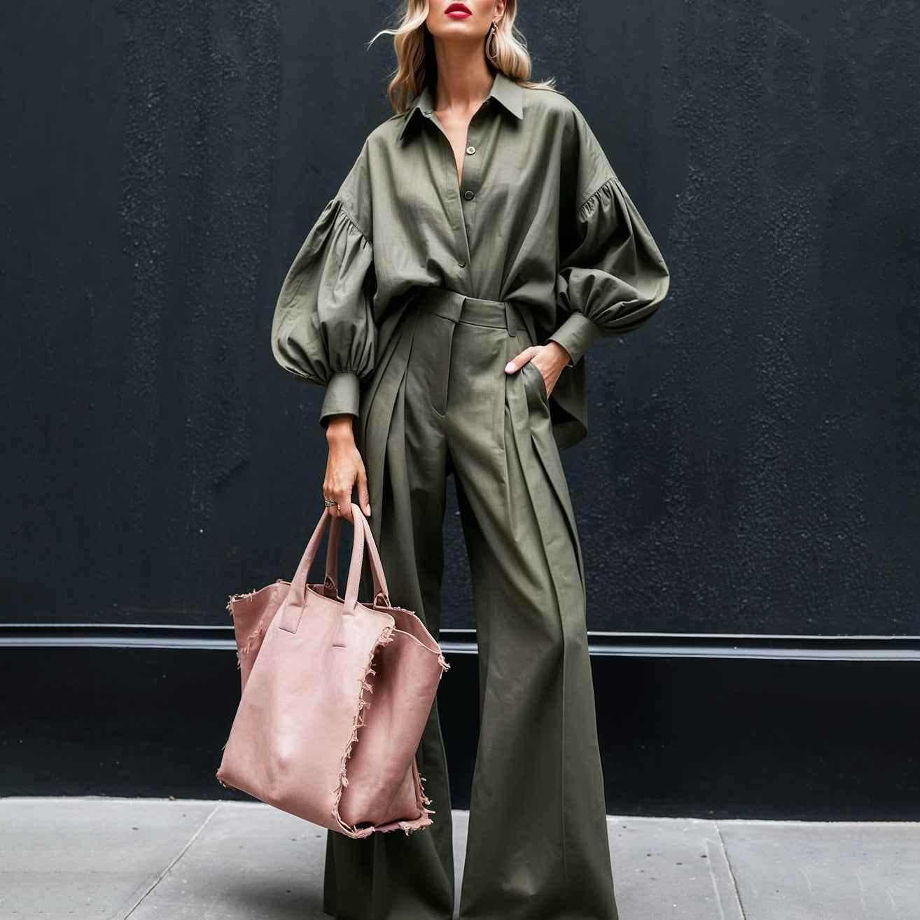 Long-sleeved Shirt Wide-leg Pants Cotton And Linen Two-piece Suit