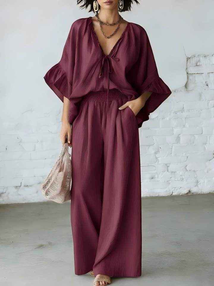 Loose-fit Cotton-linen V-neck Wide-leg Pants Two-piece Set
