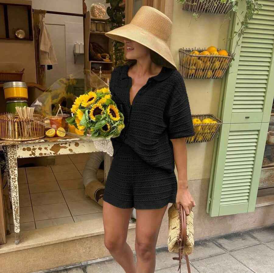 Short-sleeved Solid-color Knitted Cardigan And Shorts 2-piece Set