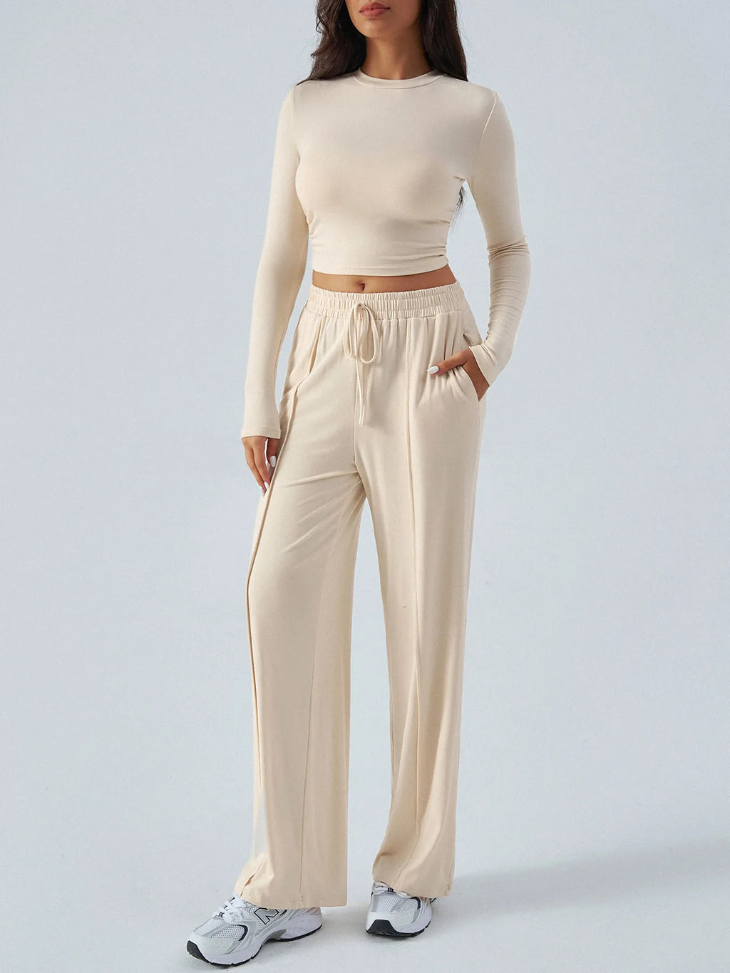 Round Neck Long Sleeve Top and Pants Set.