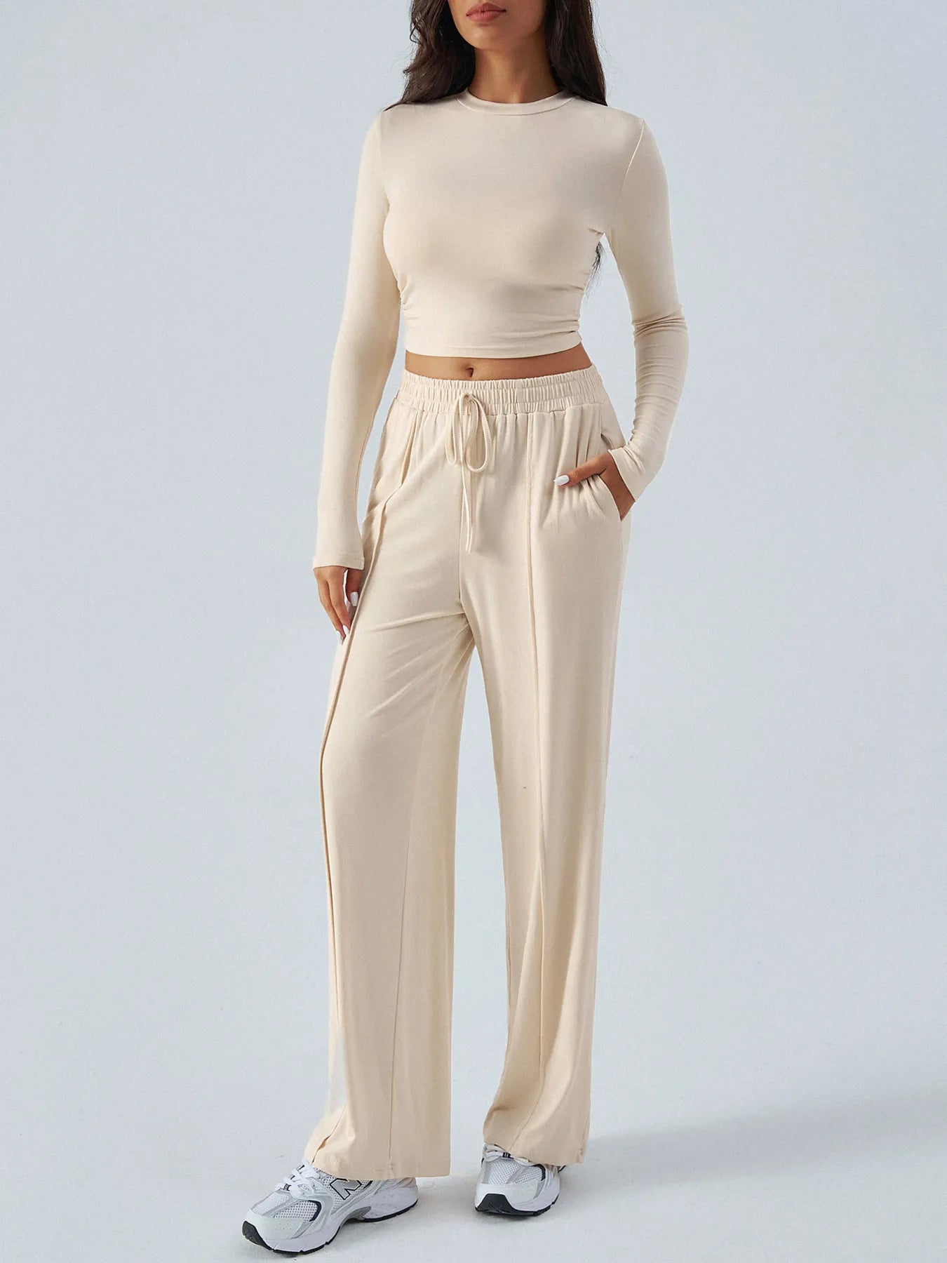Round Neck Long Sleeve Top and Pants Set.