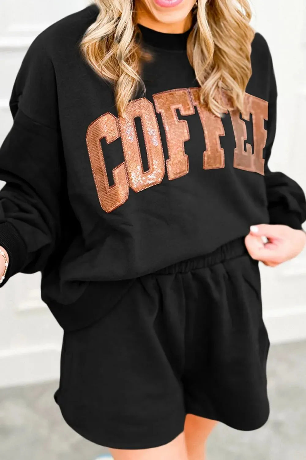 COFFEE Sequin Round Neck Long Sleeve Top and Shorts Set.