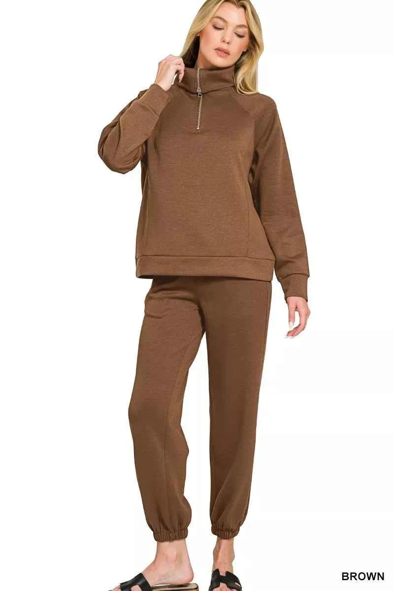 Zenana Scuba Half Zip Sweatshirts and Joggers Set