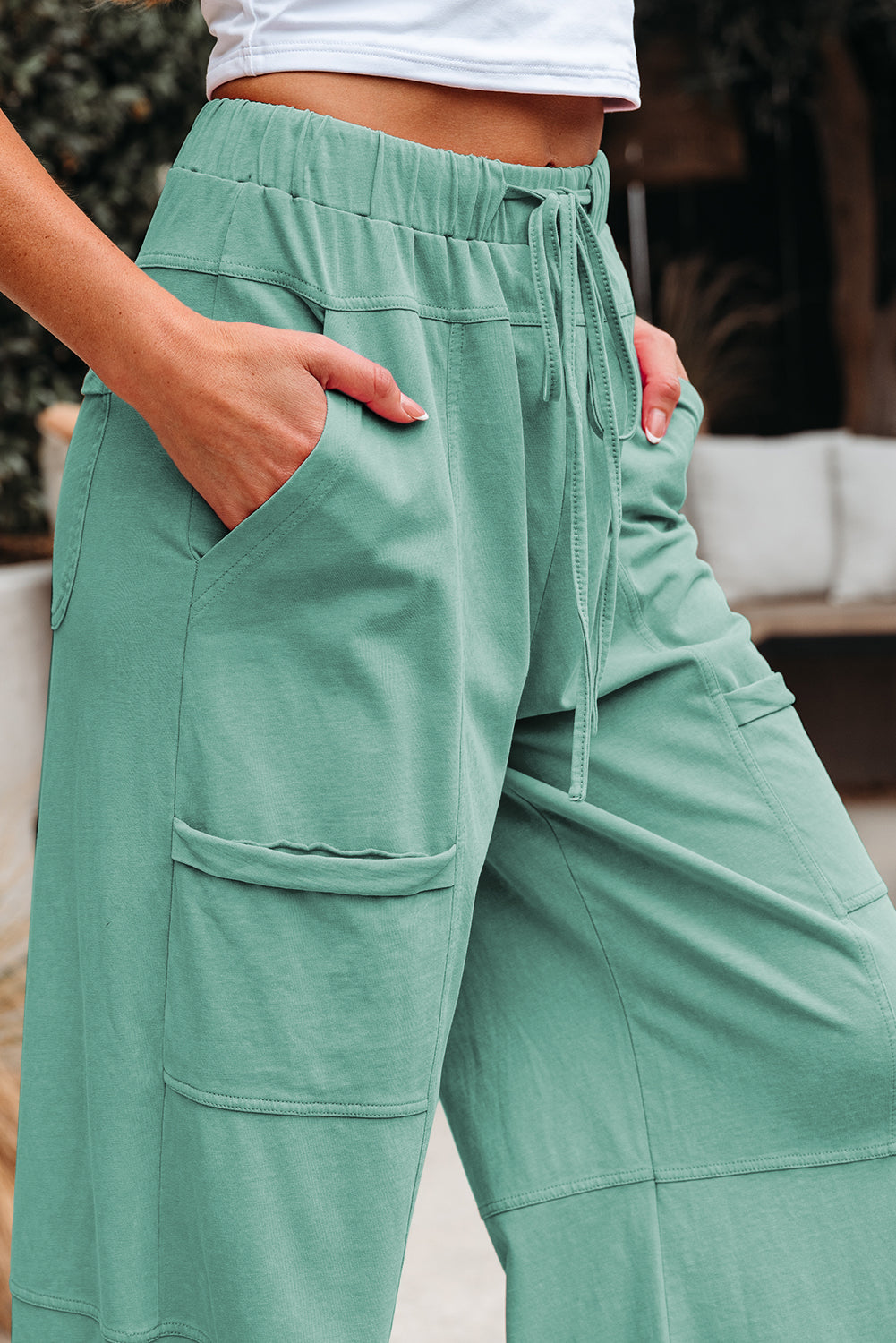 Mint Green Mineral Wash Exposed Seam Drawstring Elastic Waistband Wide Leg Cargo Pants Dear-Lover Dropshipping