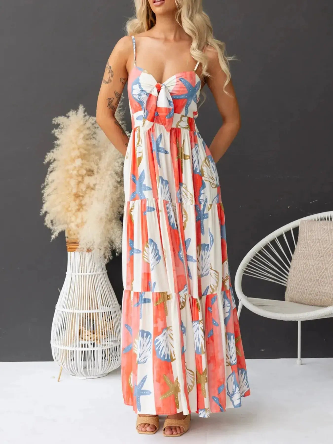 Printed Spaghetti Strap Maxi Dress with Pockets.