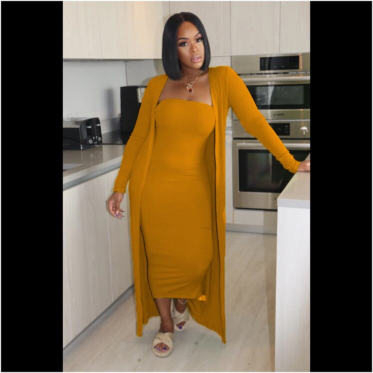 New Autumn Fashion Suit Women Solid Tube Bodycon Dress With Longline Coat Two Piece Set Casual Daily Outfits