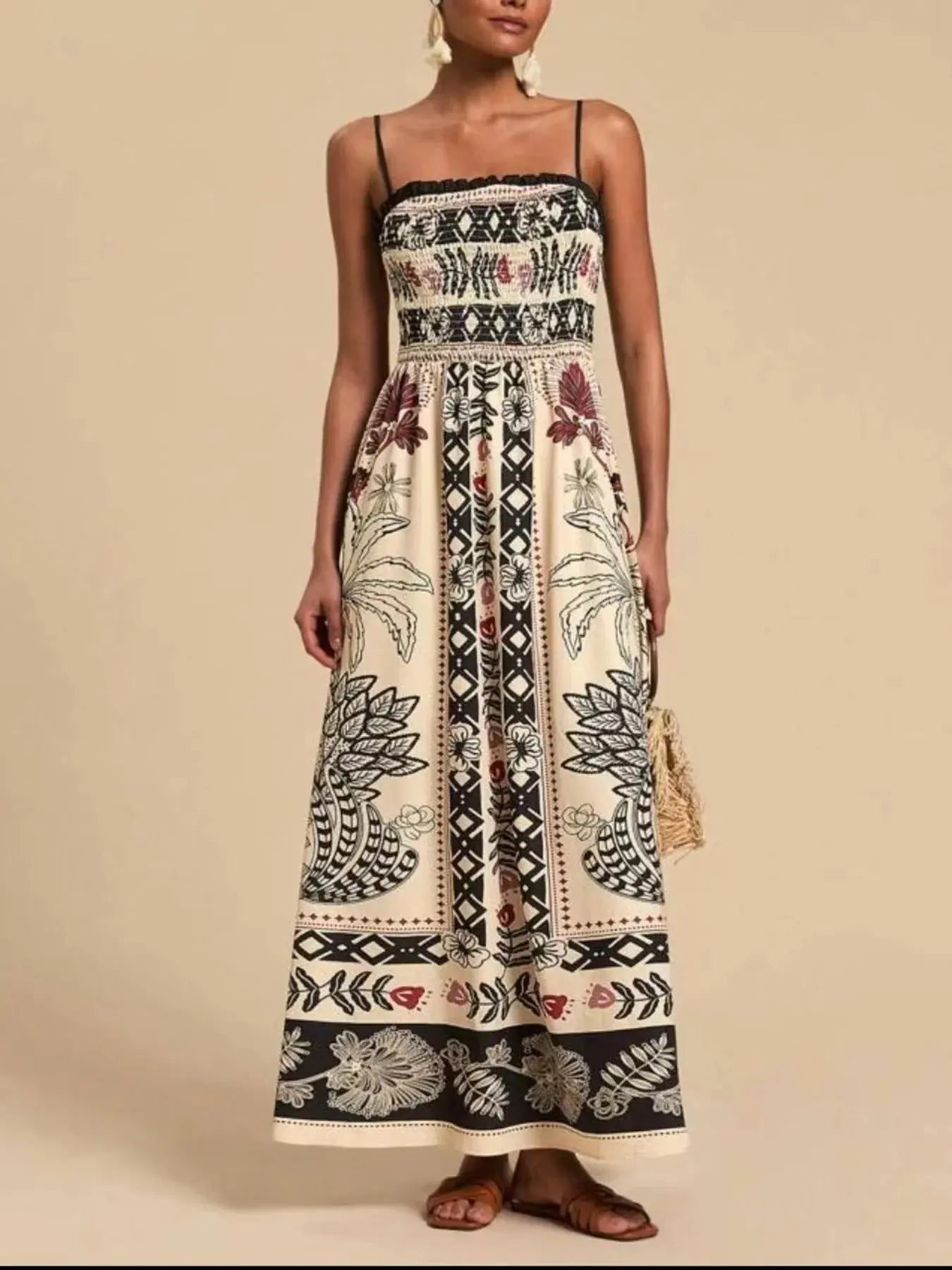 Smocked Printed Spaghetti Strap Maxi Summer Dress.