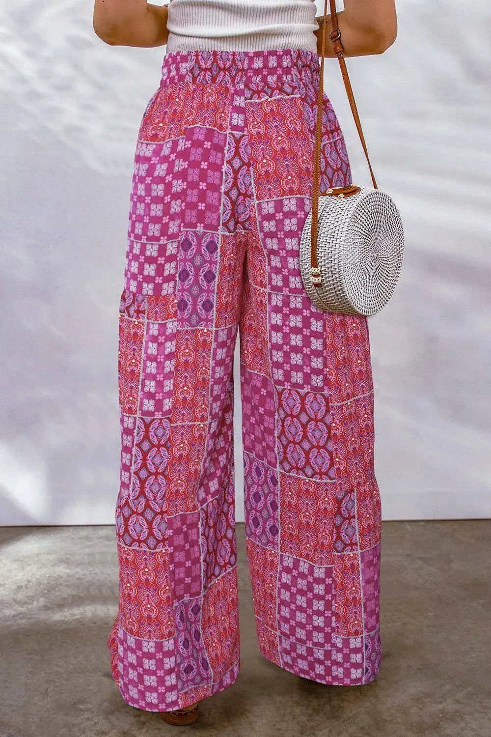 Full Size Drawstring Printed Wide Leg Pants.
