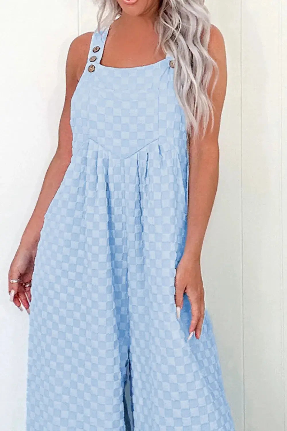 Checkered Pocketed Wide Leg Overalls.